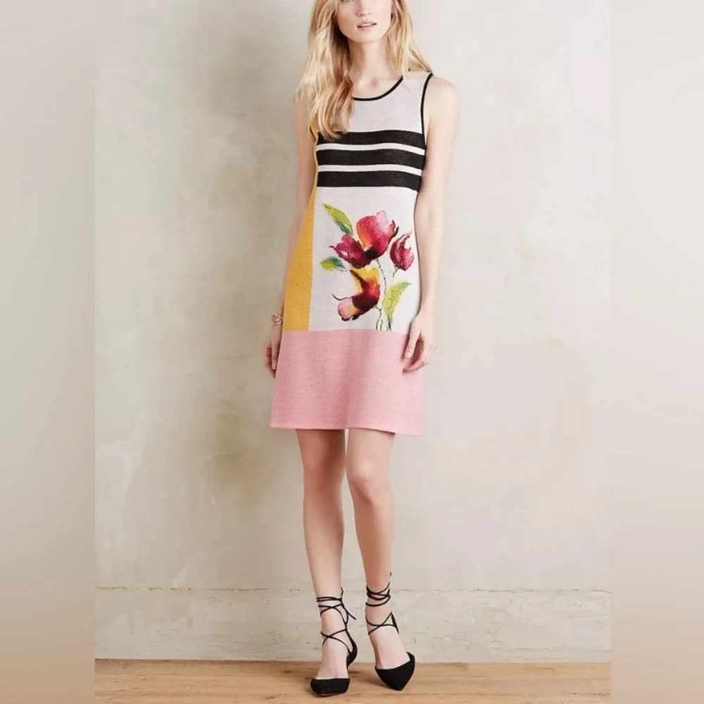 Anthropologie Troubador Petale Wool Knit Shift Dress Size XS Floral Print Color